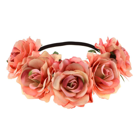 June Bloomy Rose Floral Crown Garland Flower Headband Headpiece Festival (Peach)