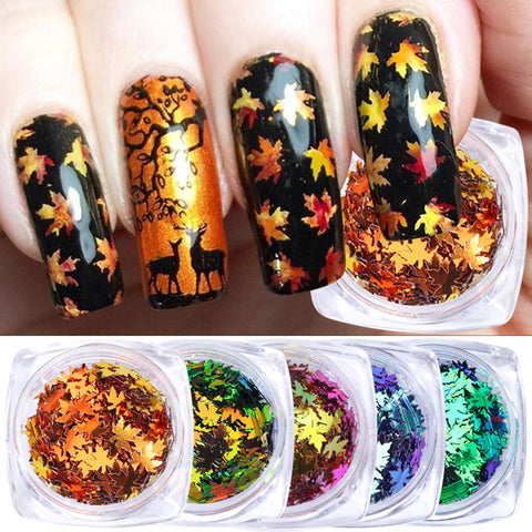 Maple Leaf Nail Art Glitters Stickers Decals Holographic Fall Nail Art Sequins Flakes Paillette Nail Art Supplies Autumn Design for Nail Decorations Charms Sparkly Nails Tips Accessories 5 Boxes