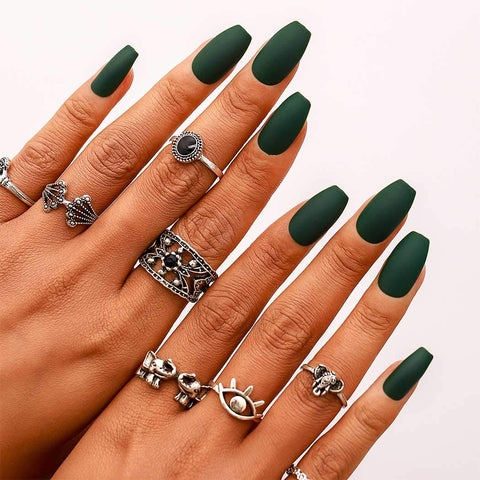 Campsis 24PCS Matte Fake Nails Coffin False Nails Fashion Full Cover Nails Art Tips Sets for Women and Girls (Dark Green)