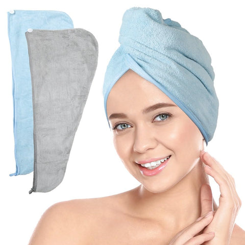ForPro Premium Microfiber Hair Towel Wrap, 2-Pack Quick Drying Hair Turban for Women, 10" x 26", Cool Grey + Sky Blue