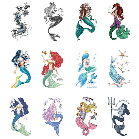 Intoy 12 Pack Mermaid Temporary Tattoos, Waterproof Body Art Stickers for Women Kids Girls and Models