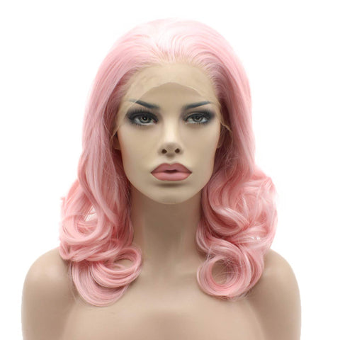 Lace Front Synthetic Wig Medium Length 16inch Pink Wig Hand Tied Realistic Wigs
