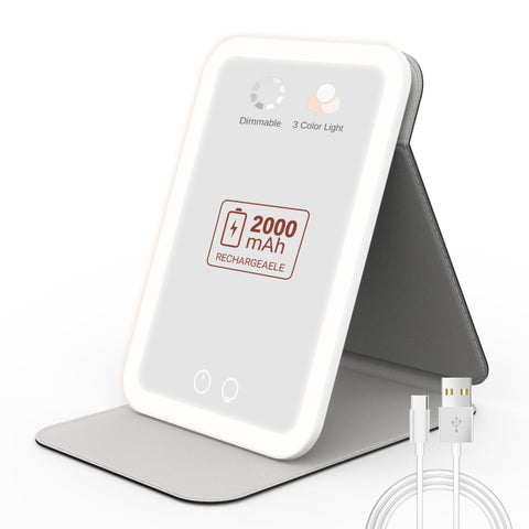 EASEHOLD Travel Lighted Makeup Mirror Adjustable Angle, 2000mAh Rechargeable Desk Mirror with 3 Dimmable Colors, 72 LED Folding Portable Mirror Type-C Charging, Xmas Gift for Women (Leather Cover)