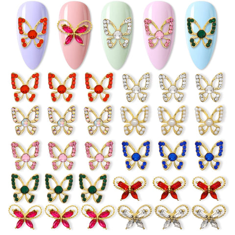 SILPECWEE 30pcs 10 Designs Butterfly Nail Charms Nail Rhinestone Crystal Gems Pearl Alloy Jewels Nail Diamond Nail Art Charms Butterflies for Nails Accessories 3d Decoration