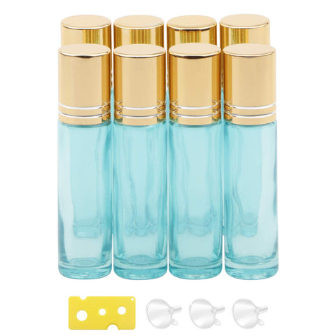 NewZoll 8Pcs 10ml (1/3oz) Essential Oil Roller Bottles, Pearl Blue Refillable Roll on Bottles Vials Containers for Skincare Cosmetic Aromatherapy Perfume, Gold Cap