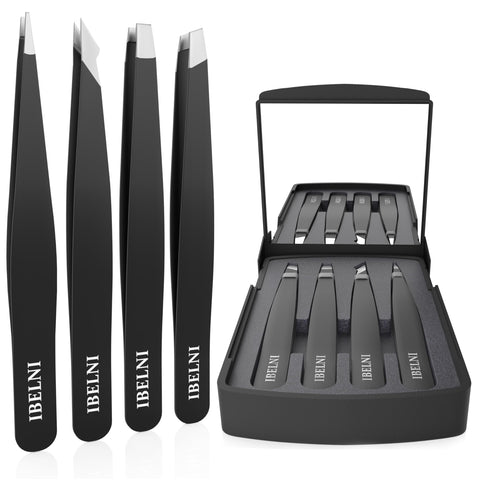 Tweezers Set with Mirror Case - Ibelni Tweezers for Men, Tweezers for Women Facial Hair, Tweezers Set for Fine Hair, Ingrown Hair Wig Plucking, Travel Tweezer kit with mirror compact (Black)