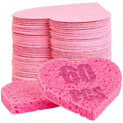 GreenBoll 60-Count Pink Heart Shape Compressed Facial Sponges | 100% Natural Cellulose Facial Sponges | Spherical, Traditional Style | Exfoliating Mask & Makeup Removal