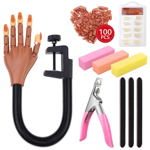 Practice Hand for Acrylic Nails, Adjustable Fake Mannequin Hands for Nails Practice, Flexible Movable Upgrade Nail Training Practice Hand with Nail File, Clipper and 100pcs Coffin Nail Tips