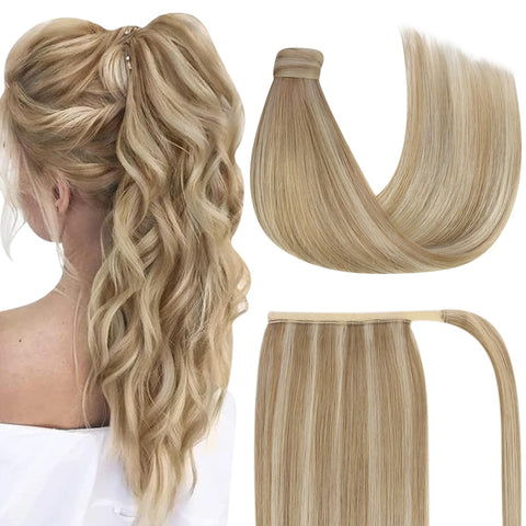 VeSunny Blonde Wrap Around Ponytail Hair Extensions Remy Human Hair 16inch Clip in Hair Extensions Ponytail Dark Blonde Highlighted Medium Blonde Ponytail Extensions 80g