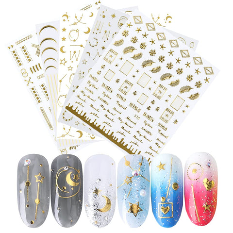 Star Moon Nail Art Stickers Decals Nail Art Decorations 3D Self-Adhesive Gold Nail Design Star Moon Feather Geometric Chain Letter Series Nail Sticker for Women Girls Constellation Decals 5 Sheets