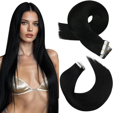 Black Tape in Hair Extensions, Moresoo Real Hair Tape in Extensions 16inch Jet Black Natural Hair Extensions 50Grams 20Pieces Seamless Black Hair Tape in Extensions