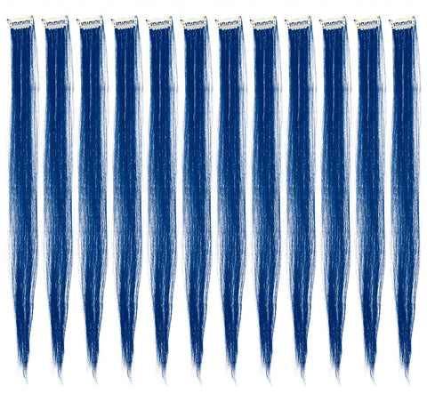Blue : SWACC 12 Pcs Straight One Color Party Highlights Clip on in Hair Extensions Colored Hair Streak Synthetic Hairpieces (Blue)