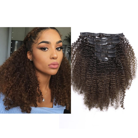 Ombre Afro Kinky Curly Hair Extensions Human Hair Clip in Extensions 4B 4C 10-22 inch Color T#1B/4 Black to Dark Brown Thick Natural Balayage Hair Extensions For Black Women (18 inch, Ombre T1B/4 AC)