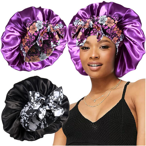 2pcs Large Silky Bonnets with tie Band Braid Bonnet, Satin Bonnet for Sleeping Curly Hair, E-black, Purple, 5-6