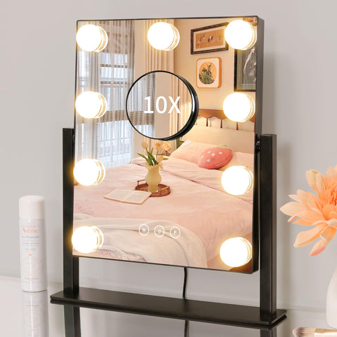 Kotdning Vanity Mirror with Lights,Lighted Vanity Mirror with 9 Dimmable Bulbs for Dressing Room & Bedroom,3 Color Lighting,Modes Detachable 10x Magnification 360°Ratation (Black) 12" L x 14.4" W