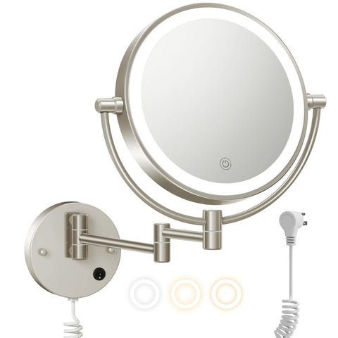 FASCINATE Upgraded Wall Mounted Makeup Mirror with Lights, Super Large Double Sided 1X/10X Magnifying Mirror for Bathroom, 360° Swivel Extendable Plug Touch Sensor Vanity Mirror (Matt Nickel)