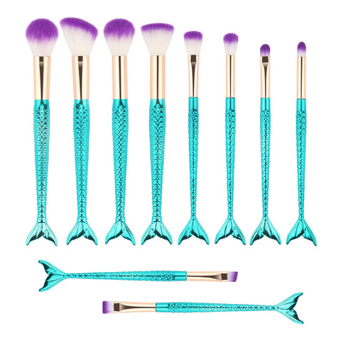 Mermaid Makeup Brushes, 10PCs Professional Premium Makeup Brush Set Foundation Powder Eyeshadows Blending Blush Skin Care Products Brushes (Blue)
