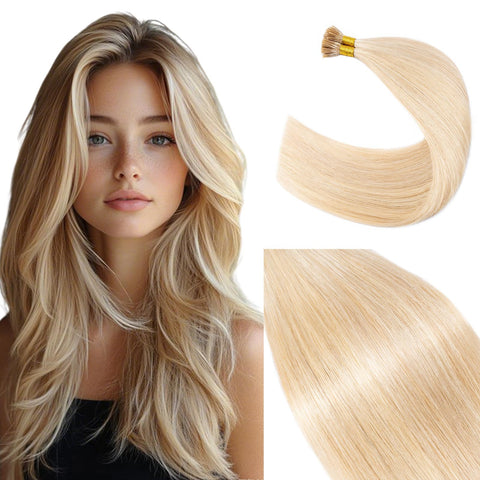 100 Strands/Pack I Tip Remy Human Hair Extensions Pre Bonded Keratin Stick In Hair Extensions Cold Fusion Hair Piece For Women Long Straight #18P613 Ash Blonde&Bleach Blonde 22' 50g