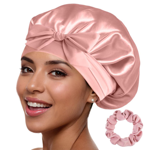 Silk Bonnet â€“ 100% Mulberry Silk Sleep Cap Breathable & Adjustable Sleeping Caps Non Slip Silk Hair Wrap Women Night Cap for Curly Hair with Elastic Tie Band Silk Satin Turban (Pink)