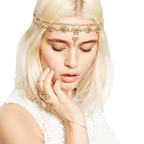 Anglacesmade Bohemian Rhinestone Head Chain Pearl Headband Gold Chain Headpiece Crystal Chain Headress Bridal Hair Accessories Prom Party Boho Festival Wedding Hairpiece for Women (Gold)
