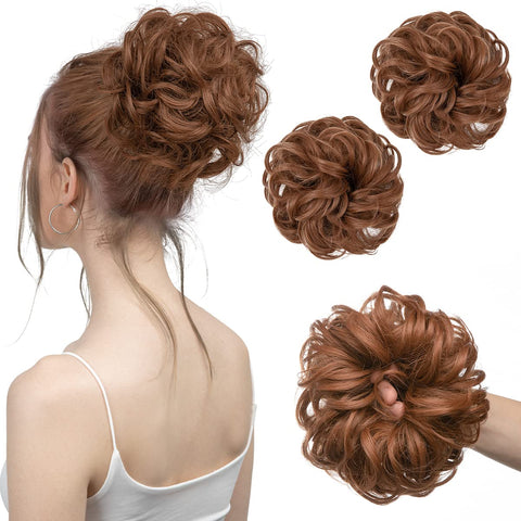 SARLA Light Auburn Messy Bun Hair Piece Synthetic Wavy Curly Updo Ponytail Extension Scrunchies for Women Girls 2Pcs H2&30