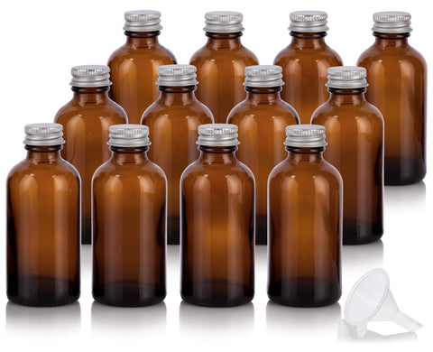 4 oz Amber Glass Boston Round Bottles with Silver Metal Screw On Caps (12 Pack) + Funnel