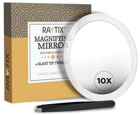 Raytix 10X Magnifying Mirror: 10X Magnifying Mirror & Slant Tweezers Set Makeup Application & Eyebrow Removal Essentials | Round Mirror with 3 Suction Cups & Stainless Steel Slant Tip Tw