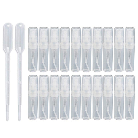 20 Pieces 2ml Portable Refillable Spray Bottle Clear Plastic Spray Bottle Cute Sample Vial Cosmetic Atomizers Spray Bottle Container with 2 Pieces 3ml Dropper for Perfume Essential Oils (2ml)