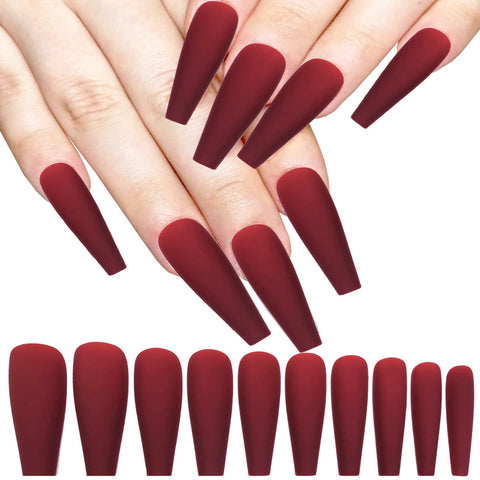 LoveOurHome 100pc Burgundy Matte Coffin Press on Nails Colored Long Ballerina False Nails Full Cover Artificial Finernails Women Girls Manicure Fingernails Decor