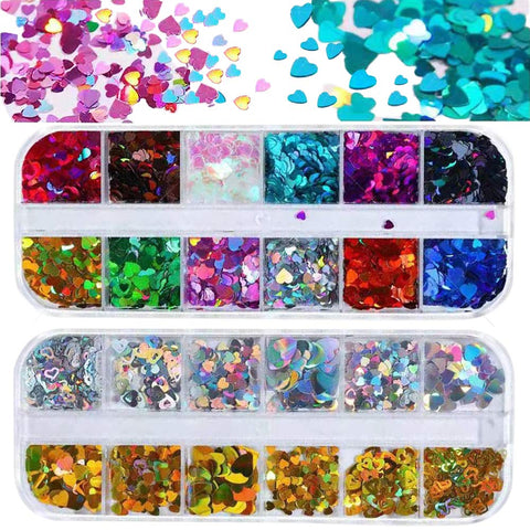 CHANGAR Valentine's Day Nail Art Glitter Sequins, 3D Laser Love Heart Nail Decals Sticker Holographic Nail Sparkle Glitter for Manicure Make Up DIY Decals Decoration