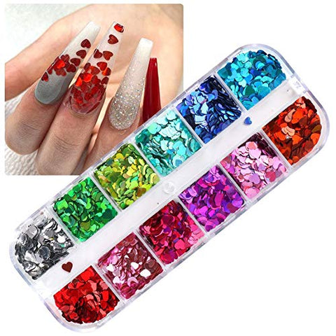 CHANGAR Nail Art Glitter Sequins, 3D Laser Love Heart Nail Decals Sticker Holographic Nail Sparkle Glitter for Manicure Make Up DIY Decals Decoration