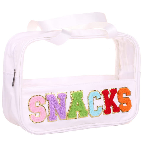 CRUOXIBB Chenille Letter Clear PVC And PU leather Large Travel Cosmetic Toiletry Storage Bag Waterproof Makeup Tote Bag Organizer Bag for Women and Girls, SNACKS-white, Daily