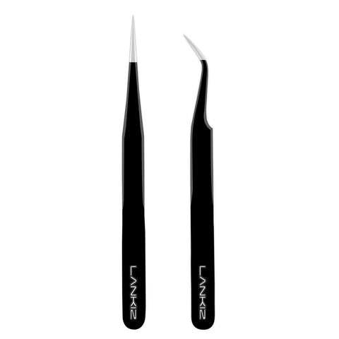LANKIZ Lash Tweezers - Eyelash Extension Tweezers Set - Professional Straight and Curved Eyelash Tweezer - Volume Isolation Application Tweezer for DIY Lash Extension Beginners(2 PCS,Black)