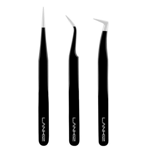 LANKIZ Lash Tweezers - Eyelash Extension Tweezers Set - Professional Straight and Curved Eyelash Tweezer - Volume Isolation Application Tweezer for DIY Lash Extension Beginners(3 PCS,Black)