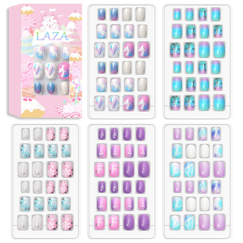 Laza 102pcs Children Nails Press On Pre-glue Full Cover Glitter Gradient Color Rainbow Sparkling Scale Wave AquariusShort False Nail Kits for Kids Teenager Girls - Silver Pearl