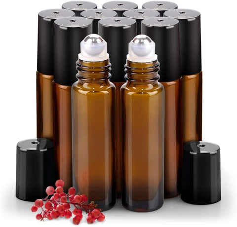 12 Pack Roller Bottles for oil, Sungwoo 10ml Essential Oil Glass Roller Bottles with Roller Balls Amber