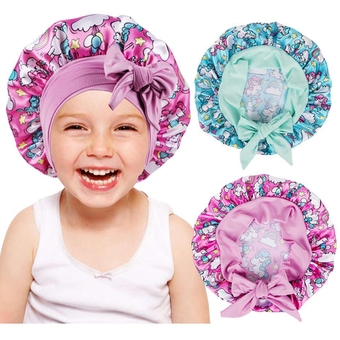 2 PCS Kids Bonnets for Girls,Silk Bonnet for Sleeping Kids,Bonnet for Kids,Toddler Bonnet, F-uniconl Pink,uniconl Blue, Small-Medium