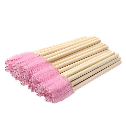 Mekupeu 100 Pack Eyelash Mascara Wands Disposable Eco-friendly Bamboo Handle Makeup Brushes Eye Lash Extension Tool Kit, Pink