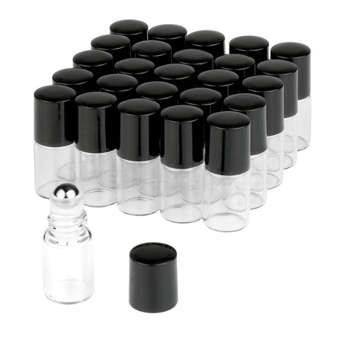 25 Pcs Clear Glass Mini Roll On Bottles Empty Essential Oil Roller Ball Bottles Perfume Lip Blam Cosmetic Sample Vials Roller Glass Bottles Container With Black Cap (2ml)