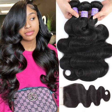 UDesire Hair 10A Brazilian Body Wave Virgin Hair 3 Bundles with Free Part Closure (14 16 18+12,Natural Black) 100% Unprocessed Brazilian Body Wave Human Hair Weft with Lace Closure Brazilian Body Wave