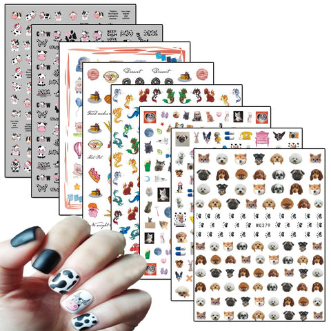 8 Sheets Cute Animal Nail Art Adhesive Sticker Cows Dog Cat Pig Dragon Cartoon Nail Stickers 3D Nail Art Design for Women Girls Manicure Tips Charms Decoration Acrylic Nails Supplies Nail Decals