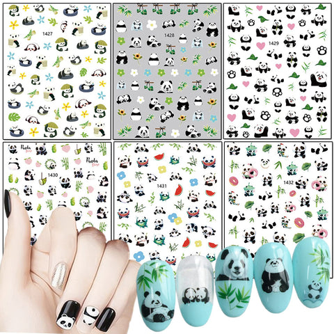 Panda Nail Art Stickers, Cartoon Bear Nail Self-Adhesive Sticker Design, Holographic Cute Bear Flowers Leaf Nail Art Decals Supplies for Women Girls Manicure Animal Decoration Resin Pet Transfer Decal