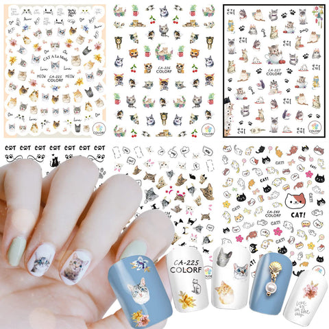 Cute Cat Nail Art Stickers, 3D Self-Adhesive Nail Sticker Cartoon Animal Cats Nail Art Decals Holographic Colorful Cat Nail Decal Decoration for Women Girls Manicure Tips DIY Nail Art Sticker Supplies
