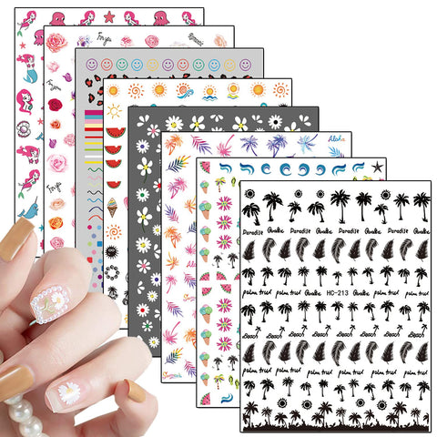 8 Sheets Nail Art Adhesive Sticker 3D Nail Art Decoration Holographic Flowers Leaf Mermaid Leopard Coconut Tree Nail Art Design Nails Stickers for Women Girls Manicure Tips DIY Nail Art Supplies