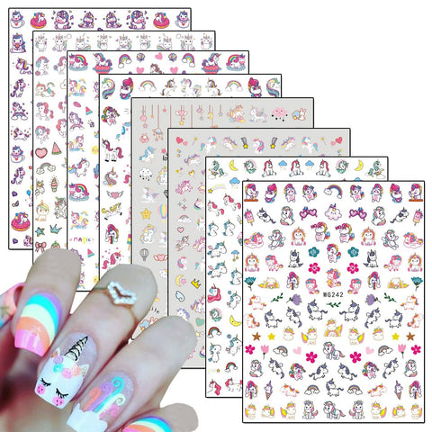 8 Sheets Cute Unicorn Nail Art Adhesive Sticker 3D Nail Art Supplies Rainbow Heart Moon Star Cartoon Nail Art Decals Design for Women Girls Manicure Tips Charms Decoration DIY Nail Art Stickers
