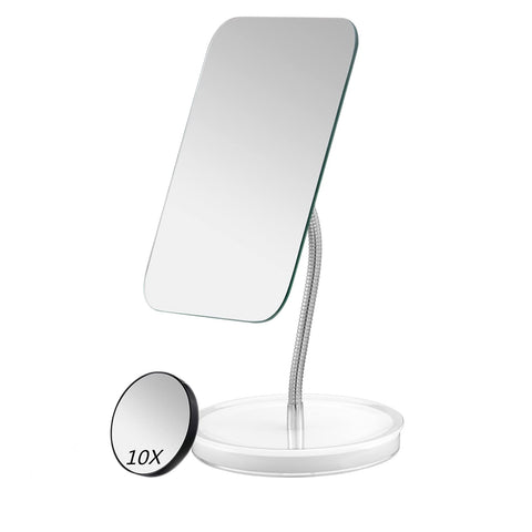 JASEFA Desk Makeup Mirror with Detachable 1x/10x Magnification ,360° Rotation Flexible Gooseneck Mirror with Stand ,Tabletop Cosmetic Mirror,Good for Shower Shaving Traveling-Rectangle