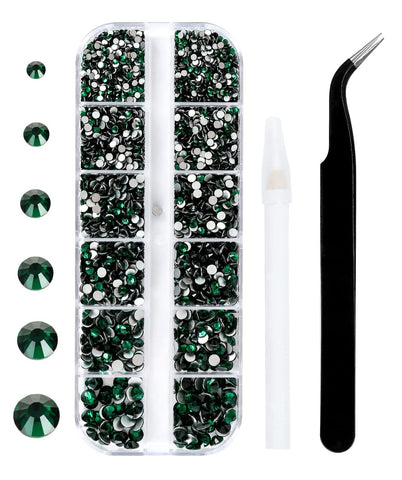 3792 Pieces Flatback Rhinestones for Crafts, Nail Gems Gemstones Crystals Jewels, Craft Glass Diamonds Stones Bling Bedazzler Kit with Tweezers and Picking Pen, 7 Colors, 6 Sizes - Green