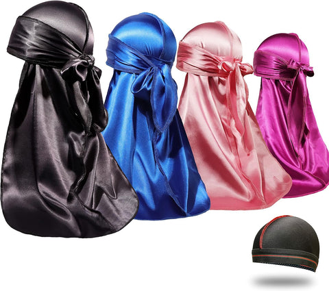 4PCS Silky Durags for Men Women 360 Waves with 1 Wave Cap, Silky Satin Durag Extra Long Tails, Black Blue Pink Purple, One Size-Large