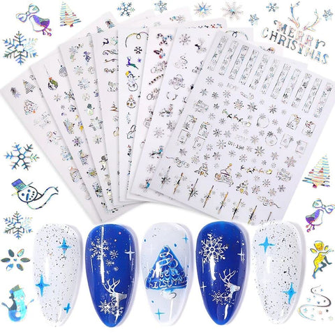 Christmas Nail Sticker - 8 Sheets 3D Christmas Nail Art Decals Laser Silver Self-Adhesive Santa Claus Deer Snowflakes Snowmen Xmas Nail Sticker for Women Girls Nail Design Manicure Decorations