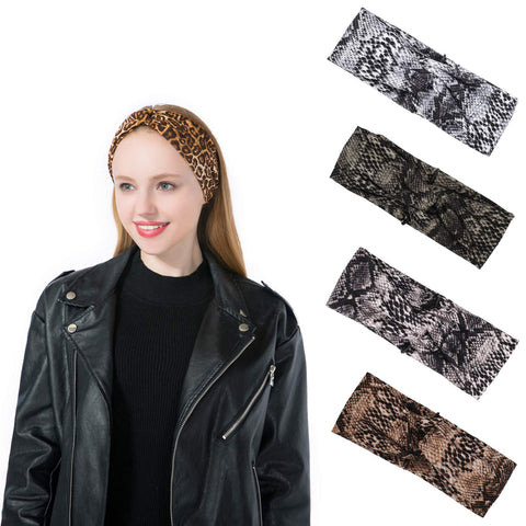 DINPREY Animal Print Leopard Headband Bandana Knot Snake Print Headbands Yoga Head Wrap for Womens, 4 Pack Leopard Print, One Size